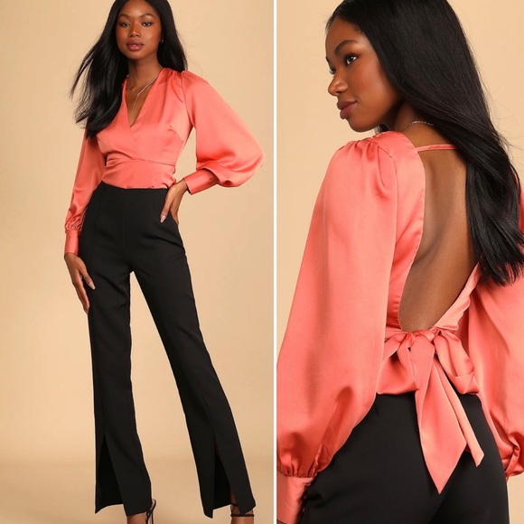 NWT Lulus Rusty Rose Satin Tie-Back Long Sleeve Top. - Picture 1 of 9